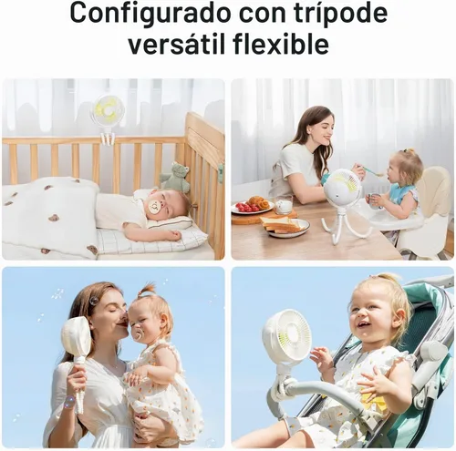 Vista 6 de JISULIFE Mini ventilador de cochecito de 4000 mAh funciona con 4 velocidades, recargable 720° giratorio, clip para asiento de bebé, cuna, carrito