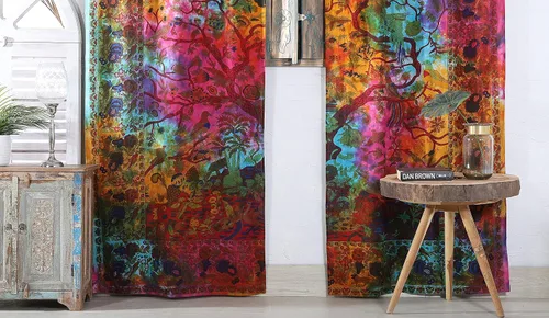 Vista 13 de Popular Handicrafts Paneles de cortina de mandala de teñido anudado con diseño de árbol de la vida, estilo hippie indio, color verde