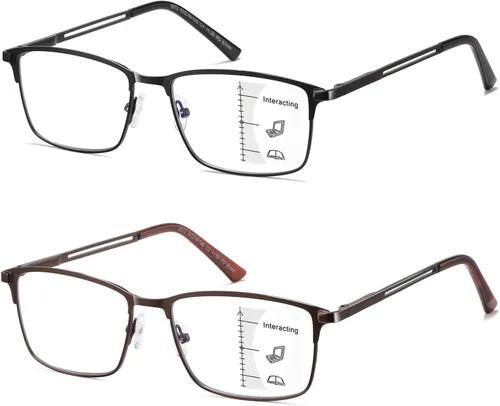 Vista 9 de LKEYE Gafas de lectura progresivas multienfoque para hombre, sin línea, transición, multifocal, luz azul, lentes de marco ancho de metal Multifocal