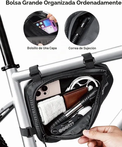 Vista 4 de Bolsa de Almacenamiento para Cuadro de Bicicleta 2L, Bolsa Triangular Impermeable para Bicicleta, Paquete de Ciclismo para Teléfono, Billetera