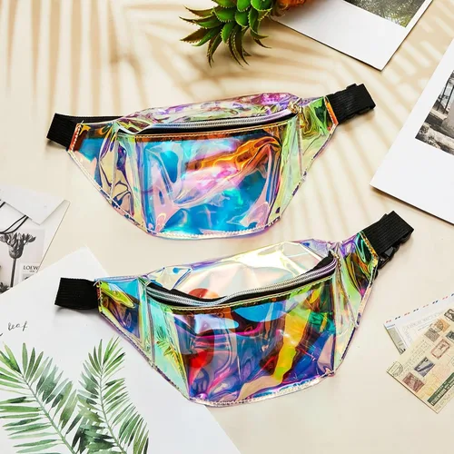 Vista 4 de Hillban Cangurera holográfica transparente de 20 unidades, bolsa de cinturón iridiscente a granel para mujer, impermeable, de PVC, con cinturón