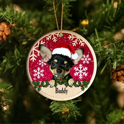 Vista 3 de Adorno para árbol de Navidad de Chihuahua, adorno personalizado de cerámica de Chihuahua, adorno personalizable para árbol de Navidad de Chihuahua