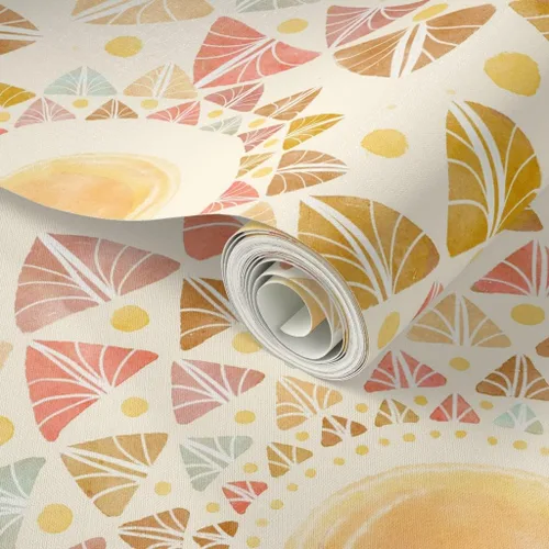 Vista 2 de Papel tapiz para despegar y pegar, acuarela hojas de sol, retro, geométrico, feliz sol, colorido, verano, papel tapiz extraíble personalizado por