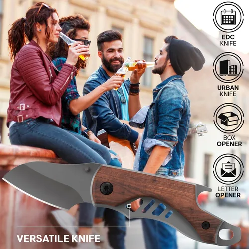 Vista 5 de Cuchillo de bolsillo pequeño para hombres – Cuchillo de llavero de 5.7 pulgadas con abridor de botellas – Cortador de cajas – Mango de madera
