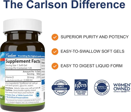 Vista 2 de Carlson Vitamina D3 a 2,000 UI a Apoya Huesos Saludables y Función Inmune (120 Geles Suaves)