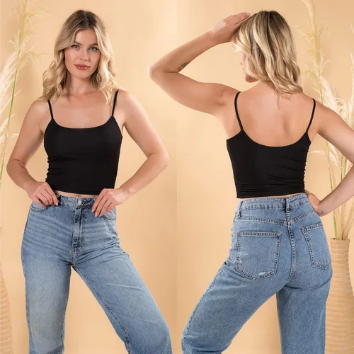 Vista 4 de Camisetas cortas para mujer, largas, blancas, negras, sexy, lindas, de entrenamiento, tirantes delgados, recortadas, de cintura alta, paquete de 2