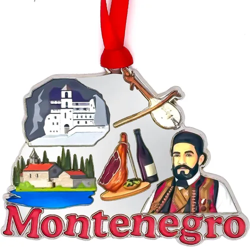 Vista 5 de Adorno navideño de Macedonia del Norte – Recuerdo de metal con impresión UV 3D premium con lago Ohrid, comida y Rakija – Recuerdo navideño macedonio