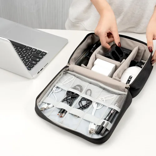 Vista 4 de Bolsa organizadora de cables, funda de viaje para accesorios electrónicos, bolsa de almacenamiento impermeable de doble capa para cargador, cable