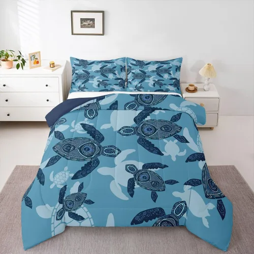 Vista 15 de Erosebridal Blue Ocean - Juego de edredón tamaño individual Juego de ropa de cama de ballena delfín y tortuga marina para niños y niñas, juego