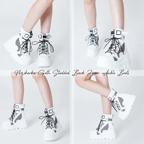 Vista 2 de mikarka Botas holográficas de plataforma para mujer, con cordones al tobillo, con hebilla, góticas, apiladas, de combate, botines de combate