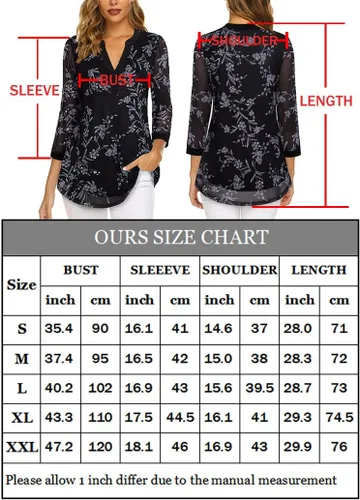 Vista 6 de Supnier Blusas elegantes para mujer, manga 34, cuello en V, con estampado floral, camisas de malla, ajuste holgado