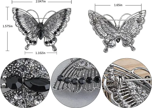 Vista 5 de Alilang Broche de mariposa con diamantes de imitación de cristal gris plateado antiguo