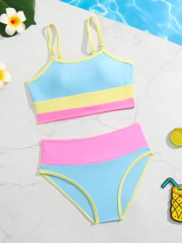 Vista 6 de Verdusa Conjunto de bikini de cintura alta con bloques de color para niña, 2 piezas, trajes de baño