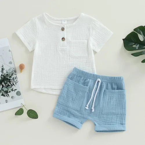 Vista 49 de fhutpw Conjunto de 2 piezas de ropa de verano para bebés, camiseta de manga corta, cintura elástica, pantalones cortos para niños pequeños