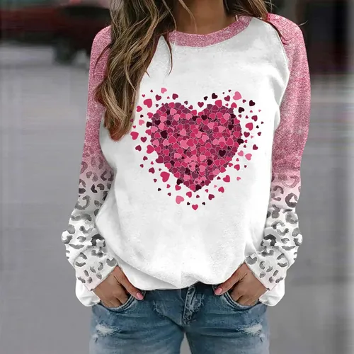 Vista 2 de Sudadera para el día de San Valentín 2024 para mujer, camisa con estampado de corazón de amor, casual, cuello redondo, ropa de primavera