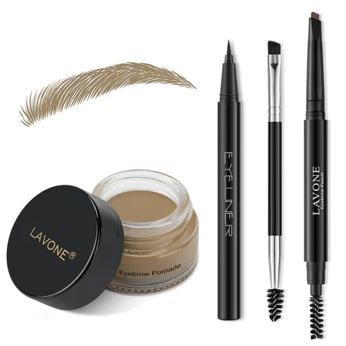 Vista 11 de LAVONE Kit de lápiz de sello para cejas, kit de maquillaje triple con lápiz de ceja impermeable, delineador, pomada de cejas y cepillo de cejas
