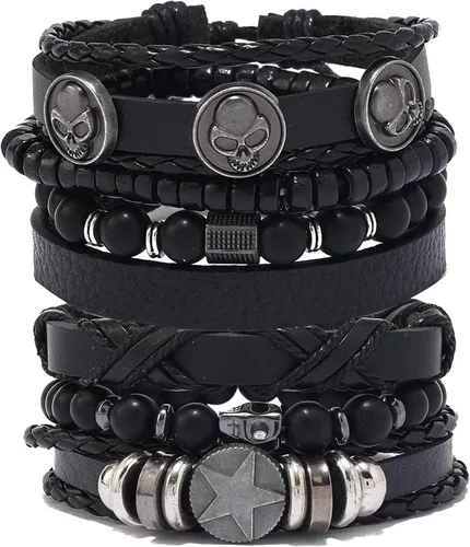 Vista 9 de Punk Leather Bracelet for Men Women Leather 8-10 PCS Braided Cuff Bracelet Multilayer Leather Bracelet A-01
