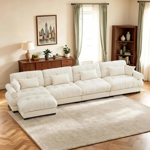 Vista 45 de Sofá biplaza de 93.7 pulgadas, sofá modular de 2 plazas, sofás seccionales grandes de color beige y blanco para sala de estar, juego de sofá