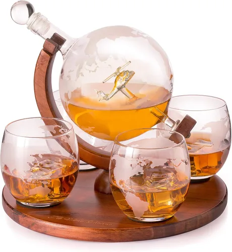 Vista 12 de Decantador del mundo grabado con globo de whisky, juego de regalo de whisky The Wine Savant con avión antiguo, piedras de whisky y 4 vasos de mapa