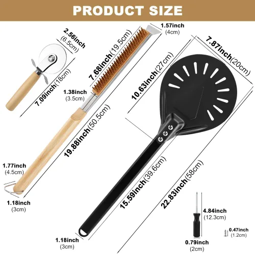 Vista 2 de Kit de accesorios para horno de pizza con cepillo para horno de pizza y raspador de piedra, mango largo perforado de aluminio de 7.8 pulgadas, rueda