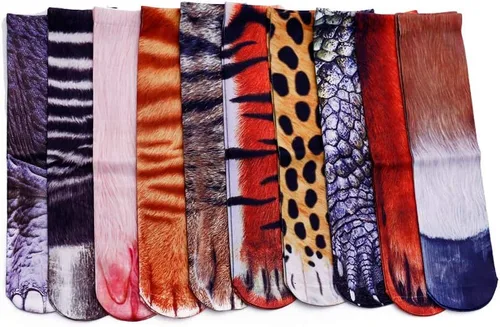 Vista 5 de Calcetines de patas de animales, loco diseño en 3D de patas de gatos, perros y tigres. Divertido regalo navideño para mujer u hombre adultos
