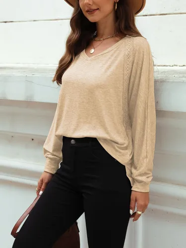 Vista 4 de Blusas de manga larga con cuello en V para mujer, blusas de gran tamaño con mangas de encaje sueltas de moda, estilo casual, para otoño