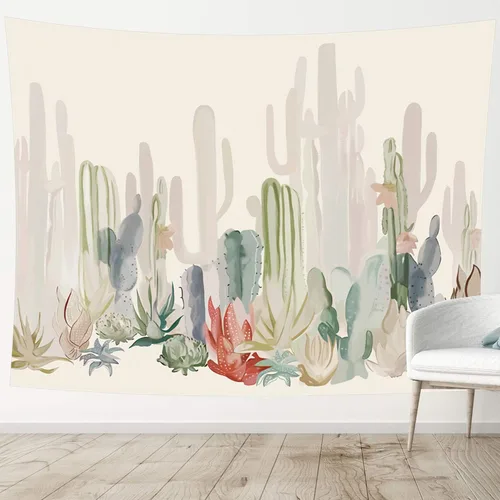 Vista 2 de Manicer Tapiz de cactus, coloridas plantas y hierbas, tapiz botánico para colgar en la pared, tapiz de paisajes naturales, mural para dormitorio