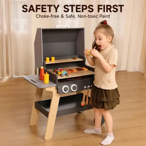 Vista 6 de Juego de barbacoa para niños, juguete de cocina para niños pequeños y niños de 3 a 8 años, juguetes de cocina de madera para interiores