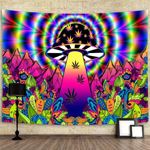 Vista 9 de JAWO Tapices alienígenas geniales, tapiz mágico psicodélico de hongos psicodélicos OVNI para colgar en la pared, decoración del hogar
