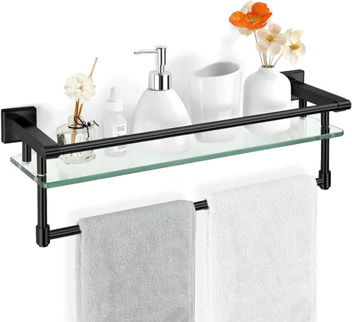 Vista 14 de Estante de vidrio para baño de 20 pulgadas, estantes de baño con barra para toallas, estantes de vidrio templado con soporte para toallas de acero
