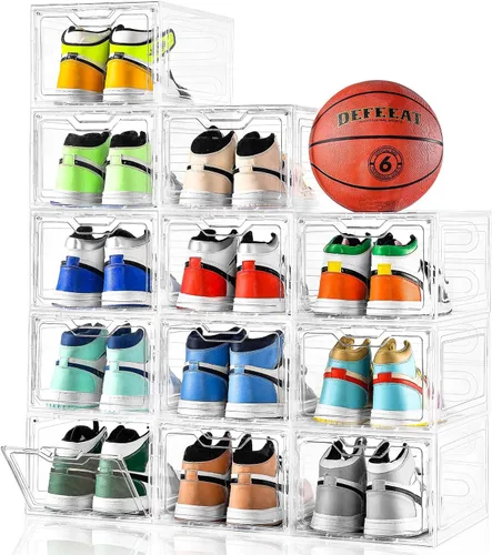 Vista 8 de Paquete de 10 cajas grandes para zapatos de plástico transparente apilables, organizador de almacenamiento de zapatos con tapas, estante