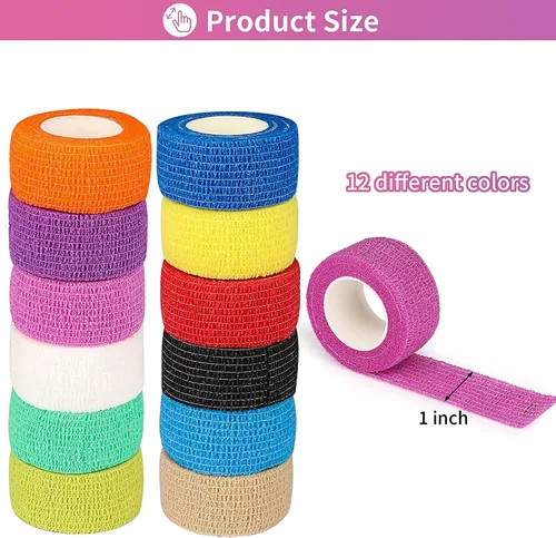 Vista 2 de Lenicany Paquete de 12 vendajes autoadhesivos de 1 pulgada x 5 yardas, envoltura elástica autotranspirable autoadhesiva para mascotas, vendaje