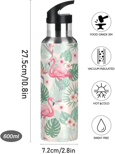 Vista 9 de BPA-Free Sports Water Bottle 20 Oz, Insulated Stainless Steel Water Bottle with Straw for Gym Outdoor Travel School, Tropical Leaves Pink Flamingos