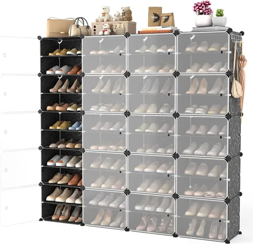 Vista 8 de Organizador portátil para zapatos con puerta, 48 pares de almacenamiento para zapatos, fácil de montar, plástico ajustable, organizador de zapatos
