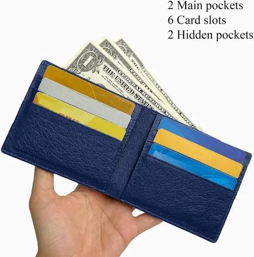 Vista 4 de HATA Cartera plegable de cocodrilo de cocodrilo para hombre, hecha a mano, bloqueo RFID o Hornback por vietnamita, Avestruz Azul Marino-DOBLE LADO