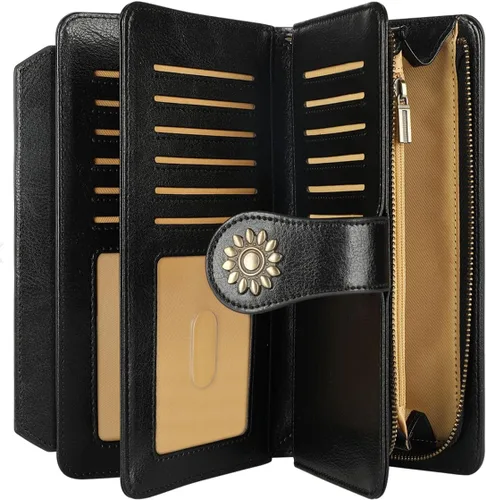 Vista 5 de Lavemi Carteras de cuero genuino de gran capacidad con bloqueo RFID para mujer, tarjetero con correa para la muñeca