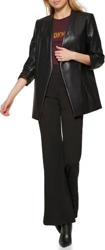 Vista 4 de DKNY Chaqueta de cuero vegano con manga 34 para mujer, Negro