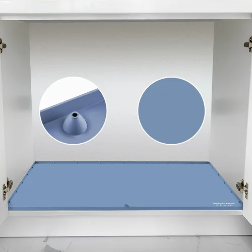 Vista 9 de Tapete impermeable para debajo del fregadero, para armario de cocina y baño debajo del fregadero, 28 x 22 pulgadas, forro de silicona negra