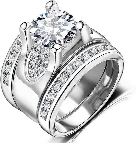 Vista 4 de Juego de 3 piezas de anillos de boda de compromiso de circonita cúbica de corte redondo de 5.56 quilates para mujer