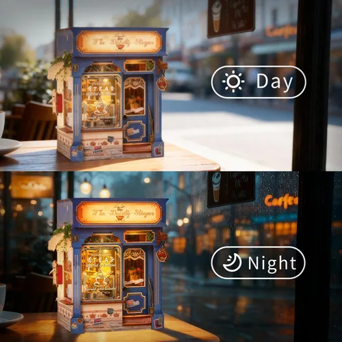 Vista 5 de Kit de rincón de libros, casa de té británica en miniatura, rompecabezas de madera 3D con luces LED, soporte para libros pequeño y decoración