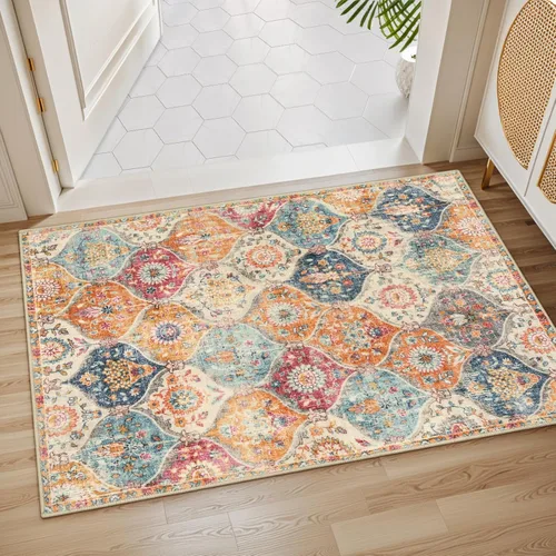 Vista 5 de Lahome - Alfombra marroquí antideslizante y lavable, pequeña alfombra oriental para dormitorio, cocina, entrada, baño, entrada, 61 x 91 cm, crema