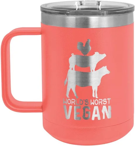 Vista 16 de Worlds Worst - Taza de café vegana negra de 15 onzas con tapa superior deslizante, taza de café de viaje aislada Idea de regalo para barbacoa