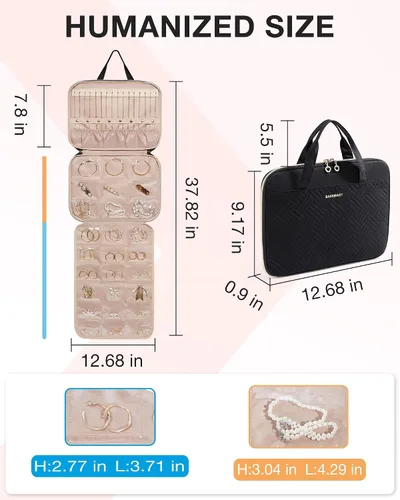 Vista 7 de BAGSMART Estuche organizador de viaje de joyería, bolsa de joyería colgante para viajes con bolsillos, rollo de joyería de gran capacidad