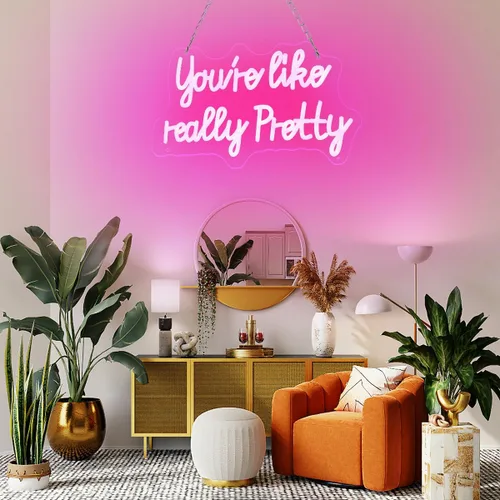 Vista 4 de Letrero de neón LED «You like really pretty» de 38 * 23 cm, luces de neón rosas con USB para decoración de habitación, letrero de neón