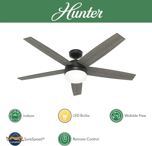 Vista 2 de Hunter Fan - Ventilador de techo interior negro mate de 60 pulgadas con luz LED y control remoto para dormitorio, sala de estar/sala familiar