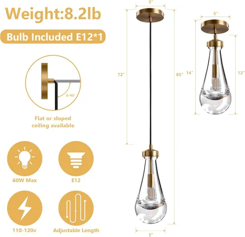 Vista 3 de Lámpara colgante moderna, diseño de gota de lluvia, lámpara de techo de cristal para interiores, 5 pies de profundidad x 12.5 pies de alto, latón