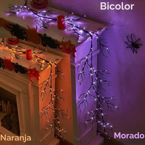 Vista 5 de Hairui - Guirnalda de Halloween con luces, 120 luces de hadas bicolor naranja y morado, 8 funciones, guirnalda negra iluminada de 6 pies, funciona