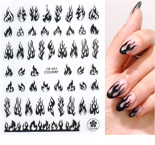 Vista 6 de 10 hojas de calcomanías de arte de uñas, calcomanías de arte de uñas doradas y negras, diseño de llama, calcomanías de uñas autoadhesivas 3D