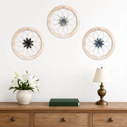 Vista 6 de Paquesta Decoración de Pared de Granja Redonda de 3 Piezas con 6 Flores Intercambiables de 12'' Medallón de Madera y Metal Arte de Pared Rústico