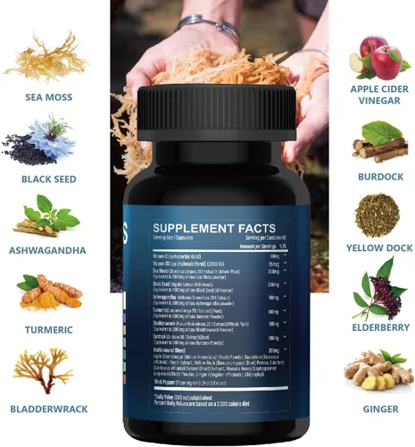 Vista 2 de Cápsulas orgánicas de musgo marino con aceite de semilla negra y ashwagandha Apoyo inmunológico, para la piel y la energía, 60 cápsulas veganas